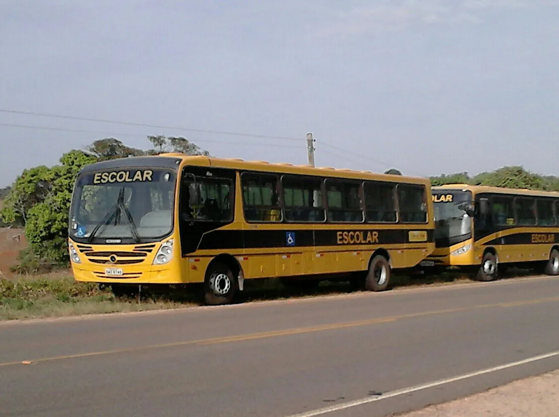 Dois ônibus escolares amarelos de prefeitura, do programa Caminho da Escola, parados na beira de uma estrada.
