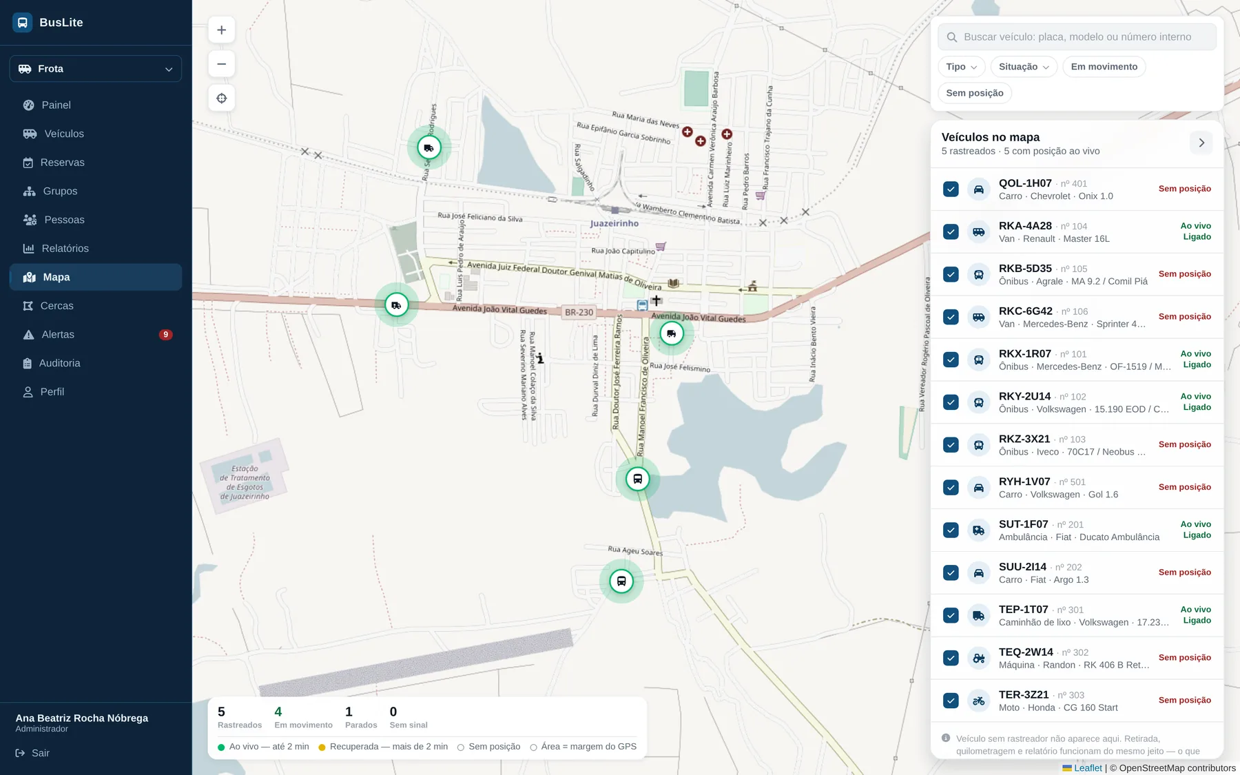 A tela Mapa do RotaGov sobre as ruas de Juazeirinho: cinco veículos da prefeitura com posição ao vivo — dois ônibus escolares, uma van, uma ambulância e o caminhão da coleta —, o painel lateral com a frota inteira e o rodapé contando rastreados, em movimento, parados e sem sinal.